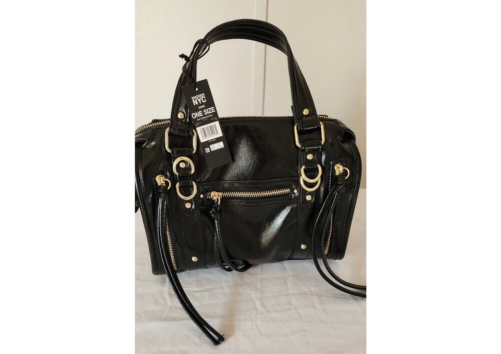 Madden NYC Soft Zipper Satchel Handbag Black Shine Gold Hardware Tassel NWT